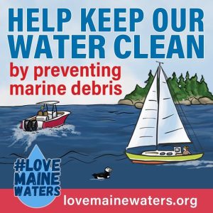 Graphic showing boats, a puffin, an island, and Love Maine Waters logo